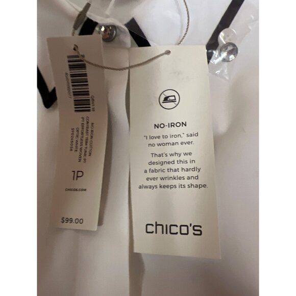 Chicos Women's Blouse White Button Up No Iron Cotton Contrast Trim Tunic Medium - Picture 11 of 13